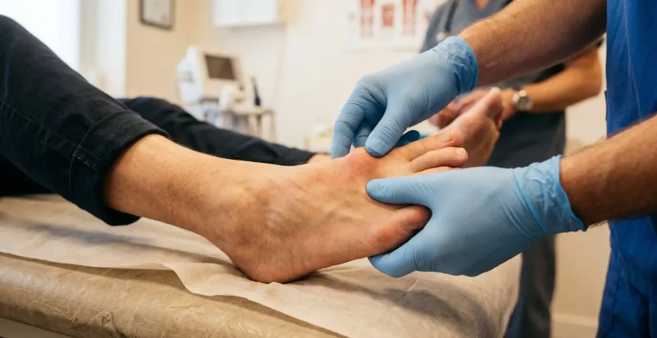 Consultation chirurgicale pour hallux valgus, vue du pied avec déformation du gros orteil