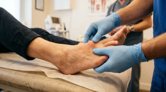 Consultation chirurgicale pour hallux valgus, vue du pied avec déformation du gros orteil