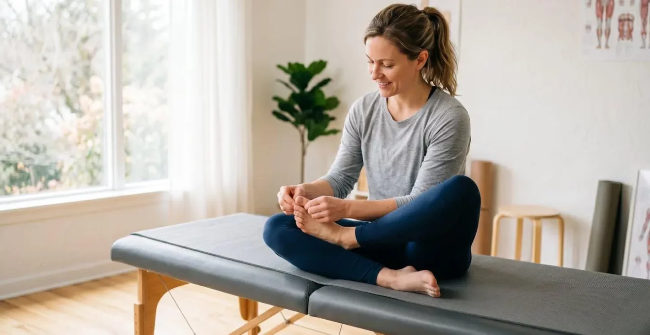 Patiente en rééducation du pied après chirurgie de l'hallux valgus, exercices de mobilisation de l'orteil
