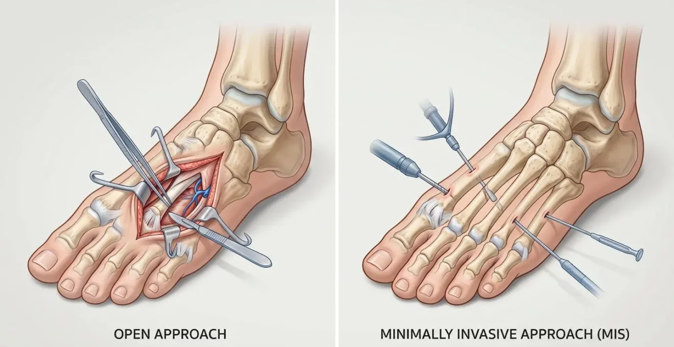 Illustration schématique comparant chirurgie classique et mini-invasive de l'hallux valgus